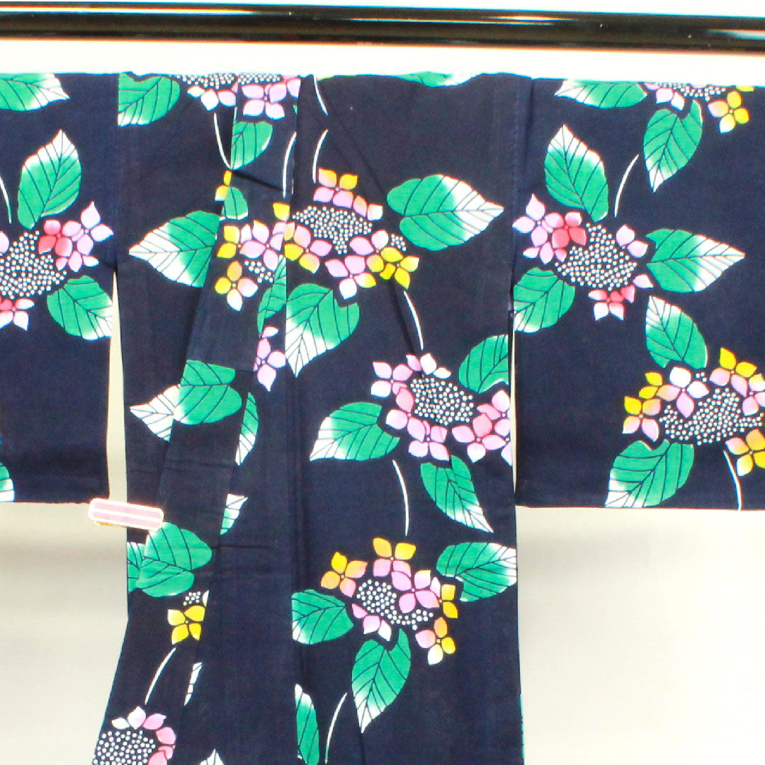 Yukata, dark blue, hydrangea, cotton, S rank, single layer, length 150.5cm, sleeve length 64cm, navy blue, 1118003062118