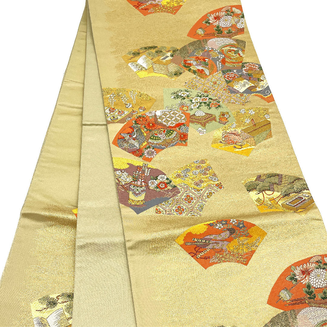 Fukuro Obi (Bag) with auspicious motif, obi length 424cm, pure silk, S rank, six-pass, formal, gold, 1123002682321