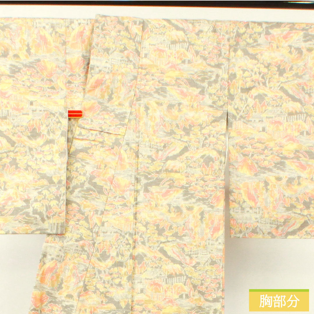 紬 正絹 身丈150.5cm 裄丈62cm 絹鼠色(きぬねずいろ) 風景模様 しつけ糸付き 未使用品 Sランク 袷 グレー系 1116003402122