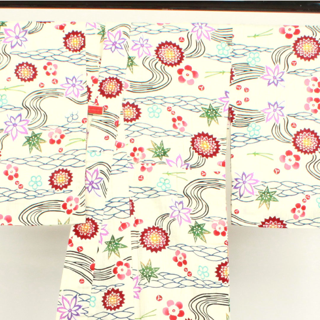 Yukata with basting thread, unused, milky white, stencil dyed, cotton linen, S rank, single layer, length 162cm, sleeve length 67cm, cream color, 1118002012415