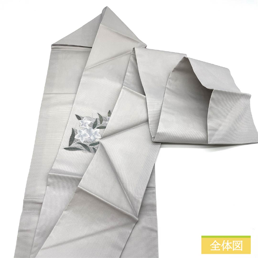 Nagoya obi, pure silk, silver-gray color (ginkai shoku-iro), summer obi, bellflower, flowing water, obi length 358cm, S rank, point pattern, semi-formal, gray, 1124008302322, Nagoya tailoring