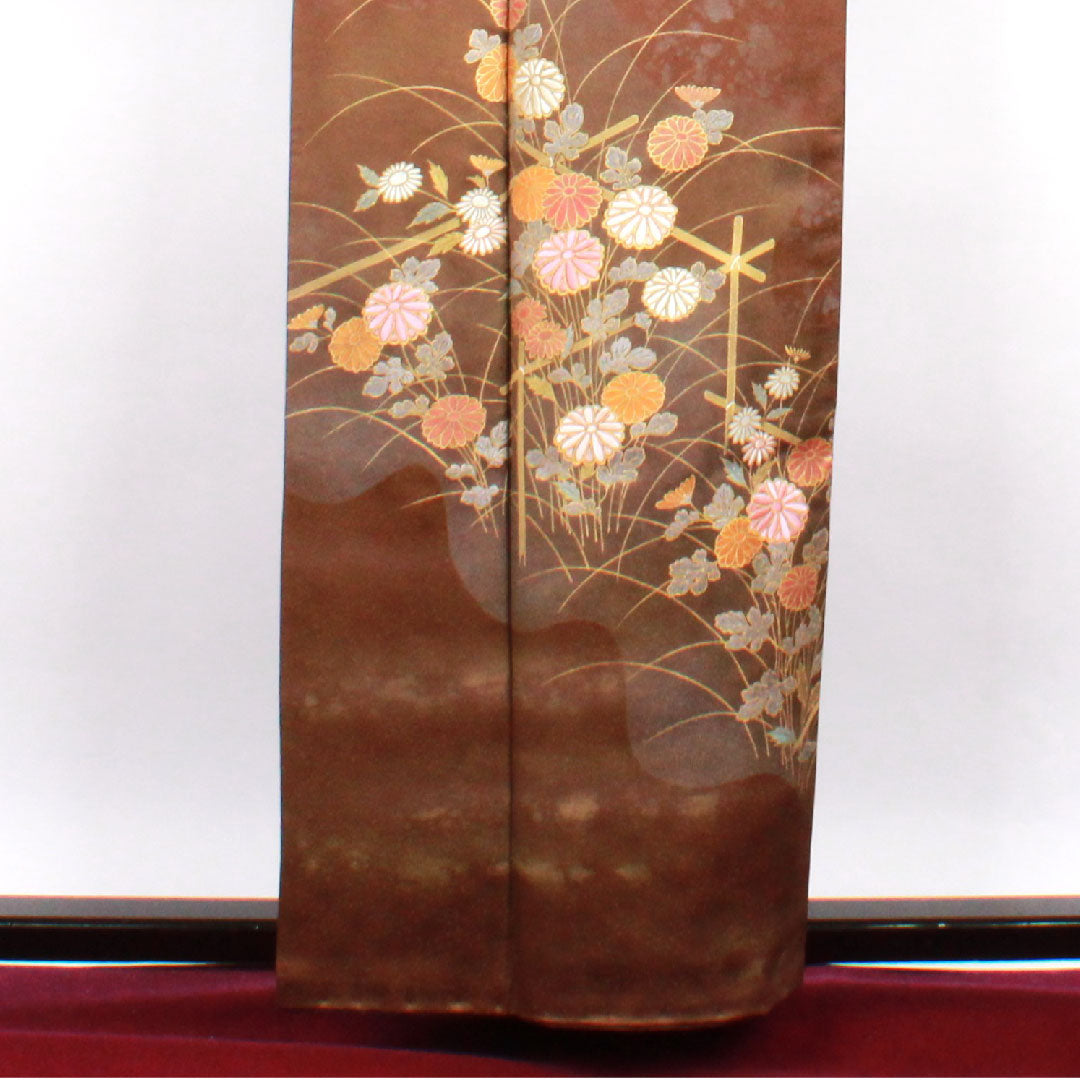 Colored Tomesode, Length 160cm, Sleeve Length 64cm, Awase, Constitution Color, Living National Treasure, Fukuda Yoshishige, Floral Pattern, Different Sedge, Pure Silk, S Rank, Three Crests, Brown, 1111000422414