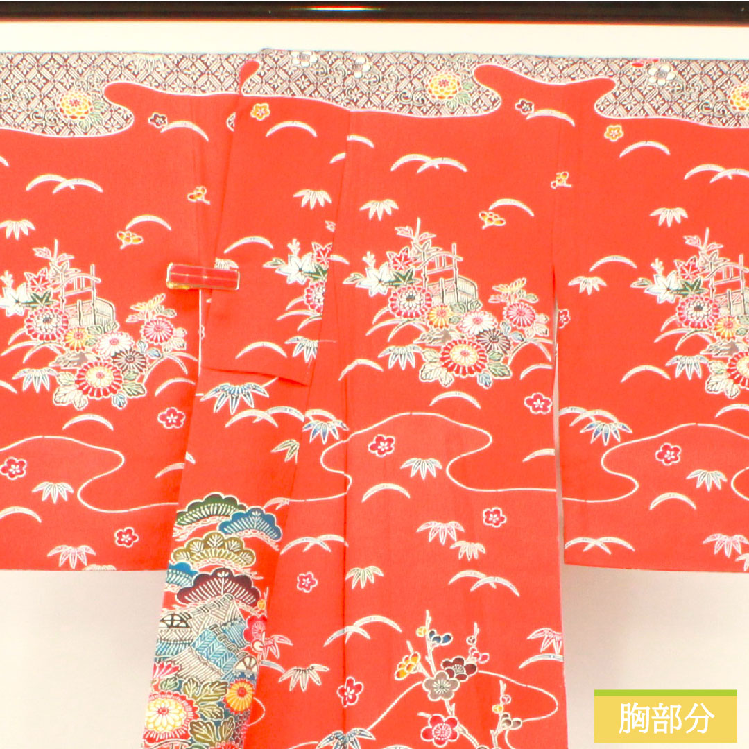Homongi, pure silk, lined, length 163cm, sleeve length 64.5cm, scarlet, Kyoto Bingata, auspicious motif, S rank, vermilion, 1112004072416