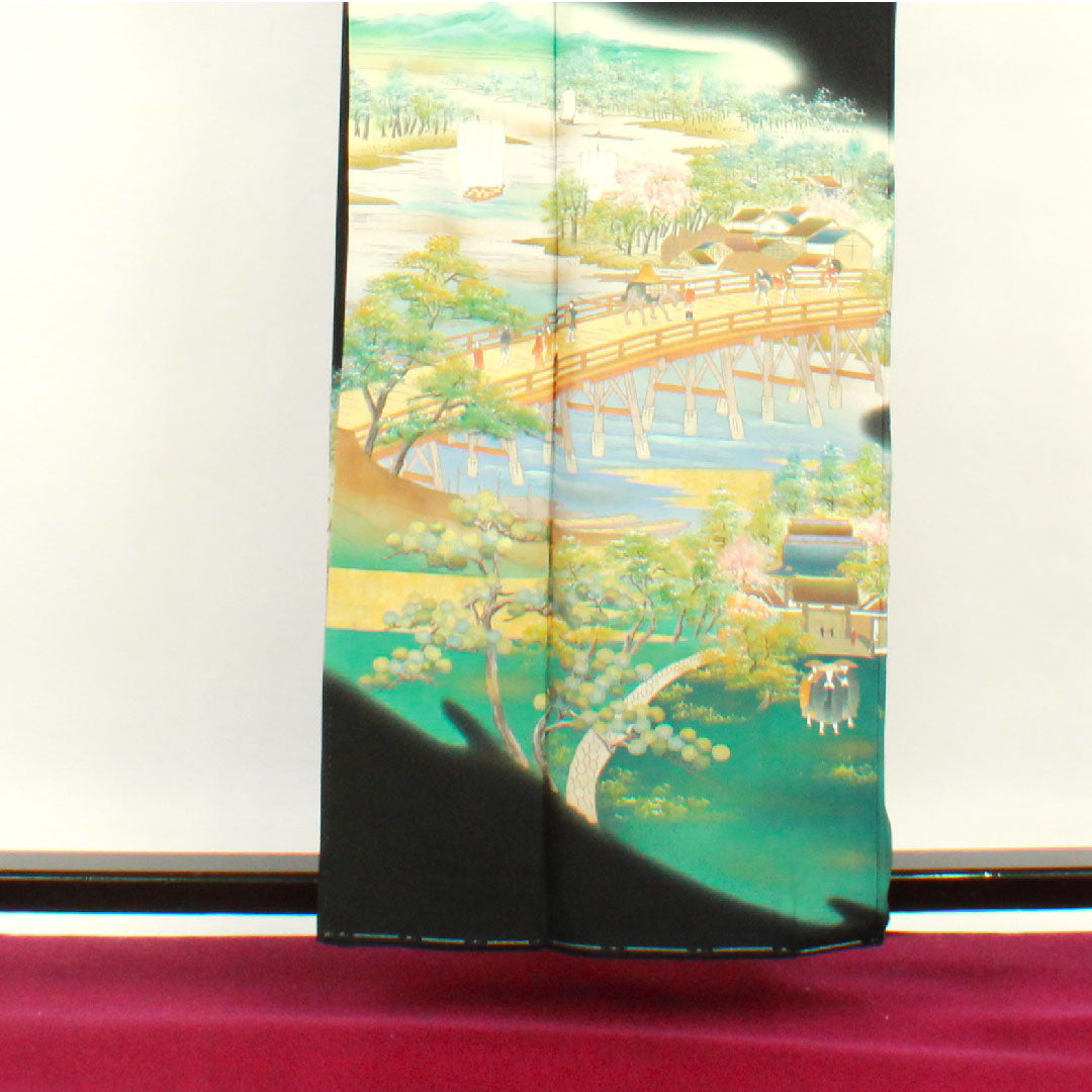 Black formal kimono, length 159.5cm, sleeve length 64.5cm, lined, by artist, Senju Ohashi, bellflower, pure silk, A rank, five crests, black, 1111000543310