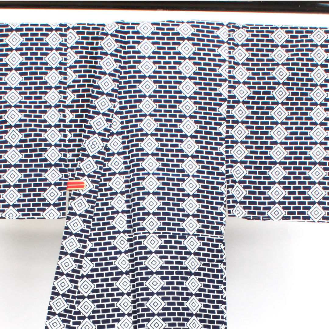 Yukata with basting thread, unused, men's, geometric pattern, cotton, S rank, single layer, length 135cm, sleeve length 67.5cm, navy blue, 1118002132118