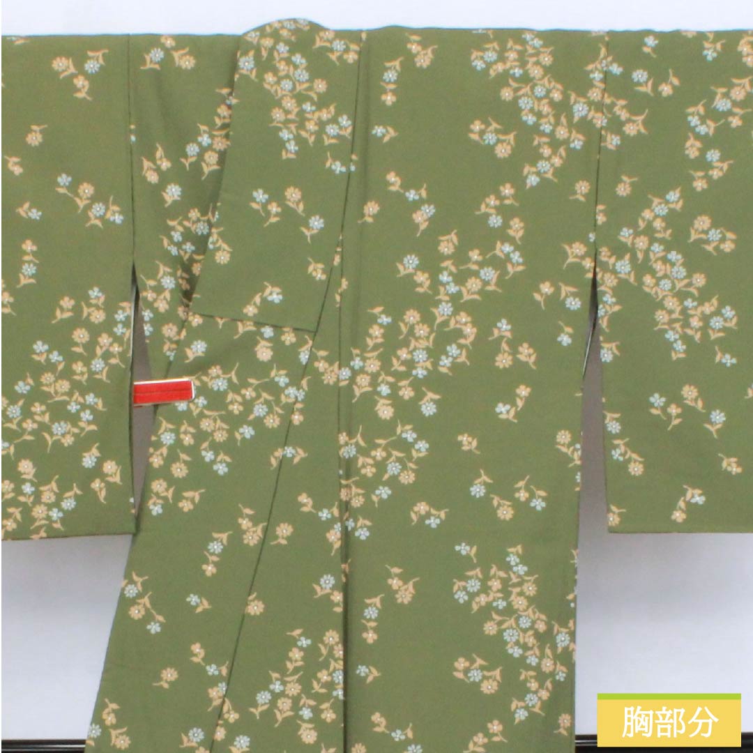 小紋 ポリエステル 身丈157cm 裄丈64cm 袷 柳煤竹色(やなぎすすたけいろ) 小花 洗える着物 Sランク 緑系 1115006242319