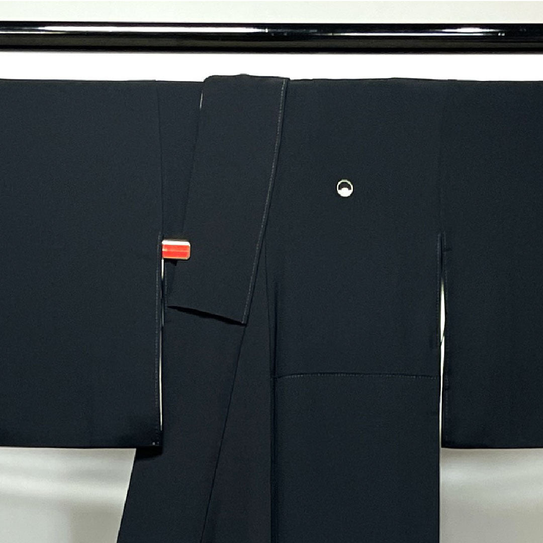 Black Tomesode, Length 154.5cm, Sleeve Length 62cm, Awase, Kyoto Yuzen, Landscape Pattern, Thread Ring and Peeking Mokko, Pure Silk, A Rank, Five Crests, Black, 1111000883210