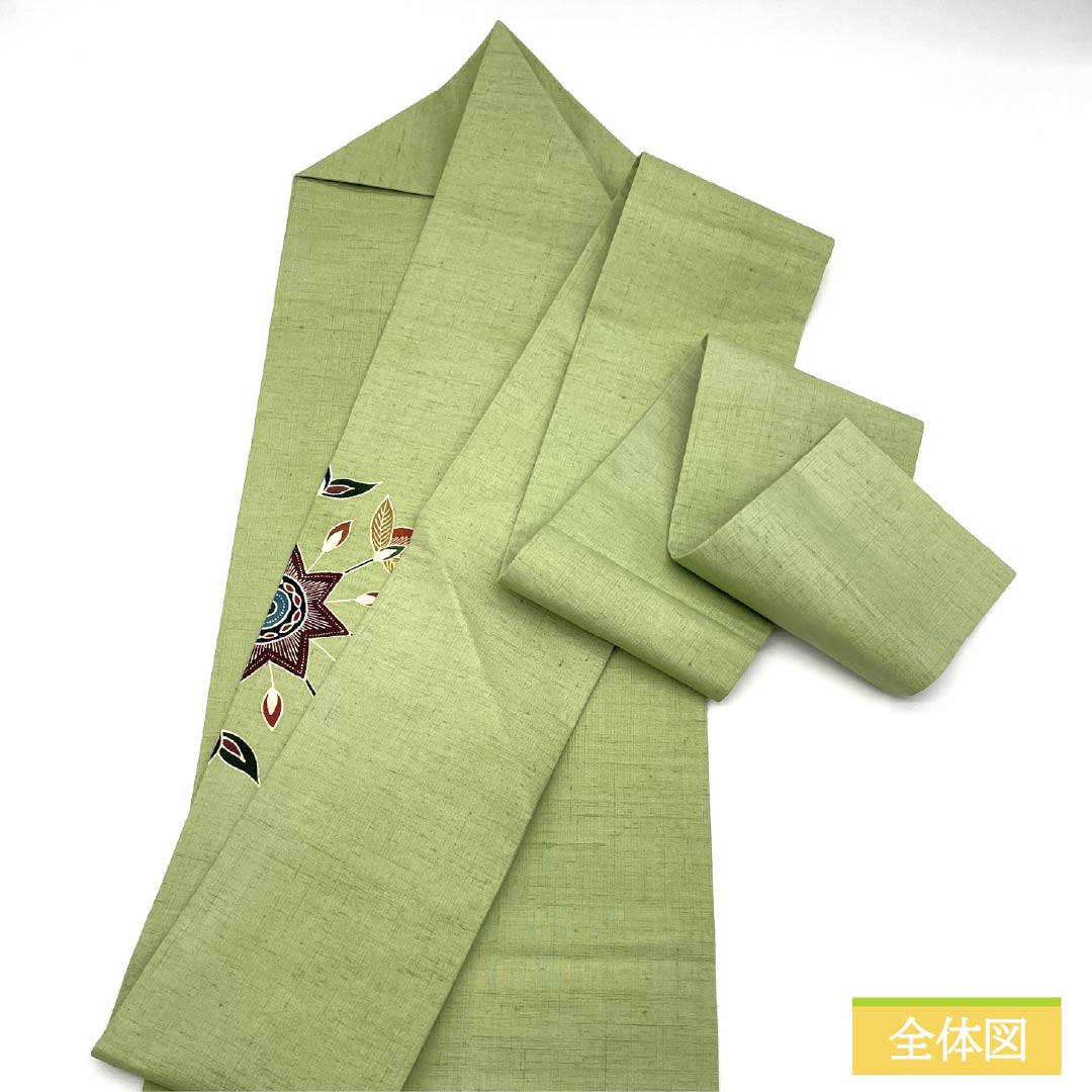 名古屋帯 正絹 Sランク 浅藍色(あさきあいいろ) 型染 抽象花 唐草 帯丈364cm ポイント柄 カジュアル 緑系 1124010422319 名古屋仕立て