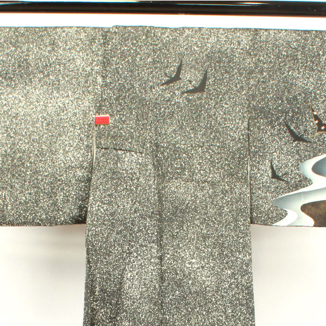 Homongi, lined, length 165cm, sleeve length 65cm, tataki-dyed, crane, Gosan-kiri, pure silk, S rank, black, 1112002592510
