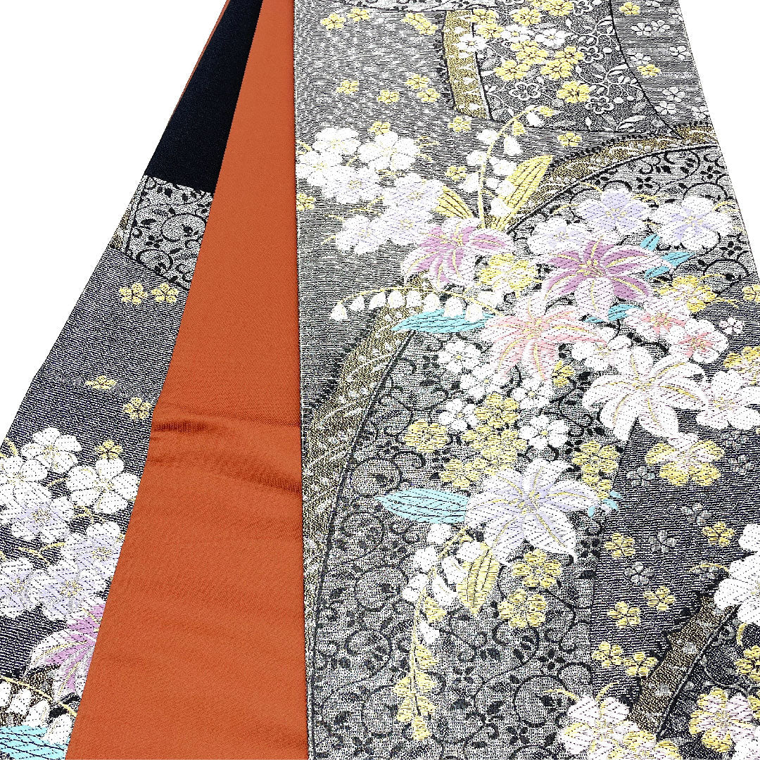【未仕立】袋帯 正絹 NEWランク 花柄 振袖用 桜 帯丈455cm 六通 セミフォーマル 黒系 1123002501410