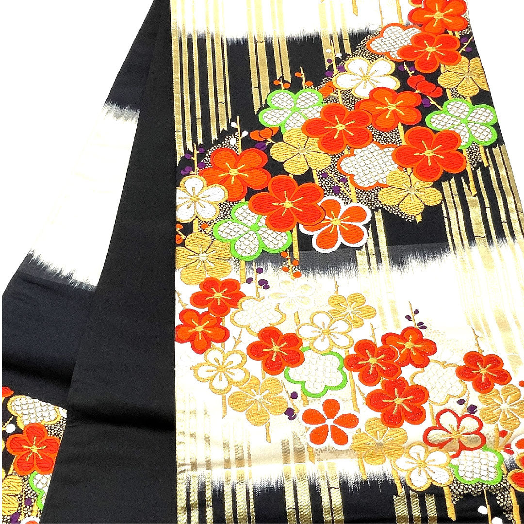 Fukuro Obi for Furisode, Plum, Bamboo, Length 422cm, Pure Silk, A Rank, Six-way, Formal, Black, 1123003443310