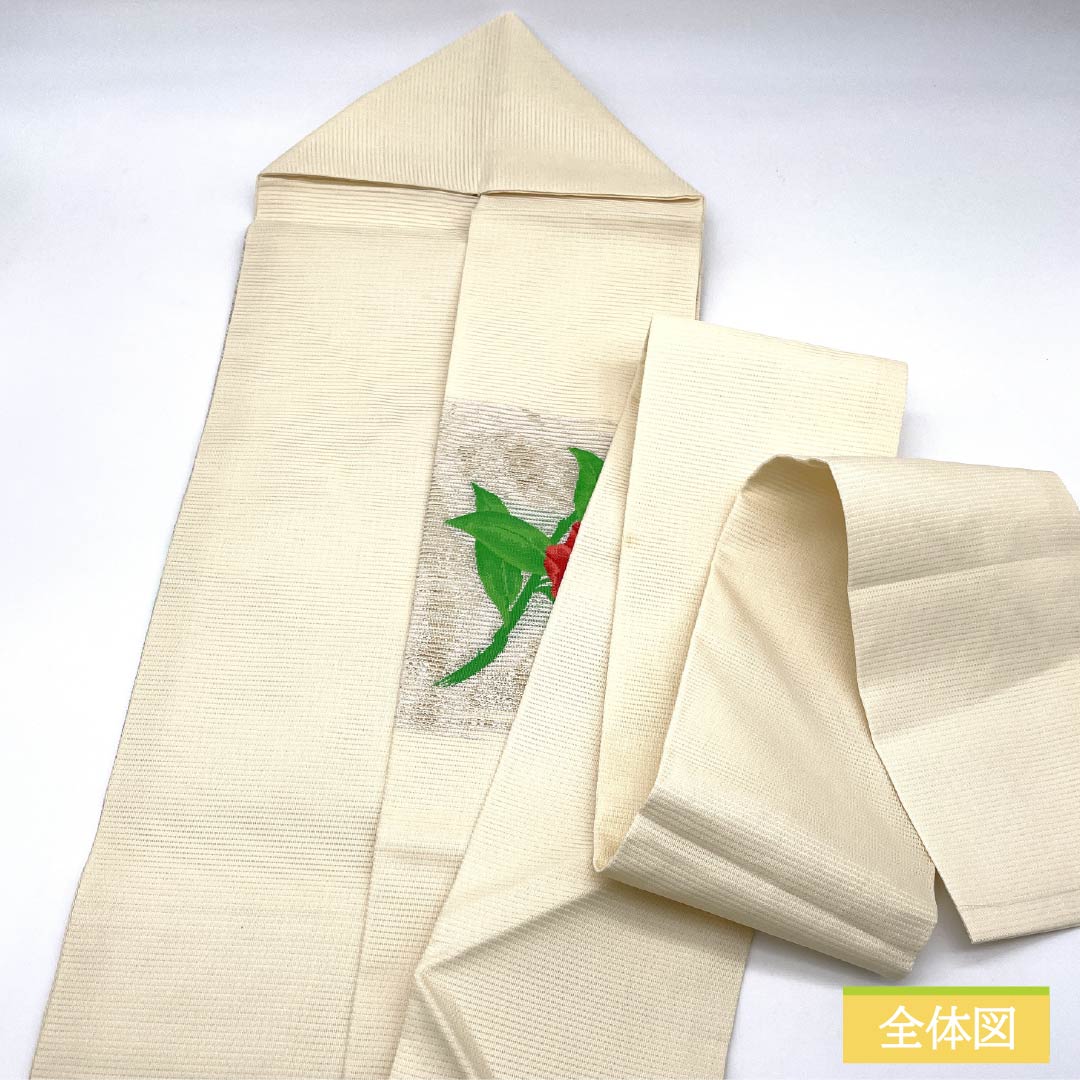 Nagoya Obi, Pure Silk, Off-White, Summer Obi, Camellia Pattern, 362cm Long, Rank B, Pointed Pattern, Semi-Formal, Cream, Item No. 1124008774315, Nagoya Style