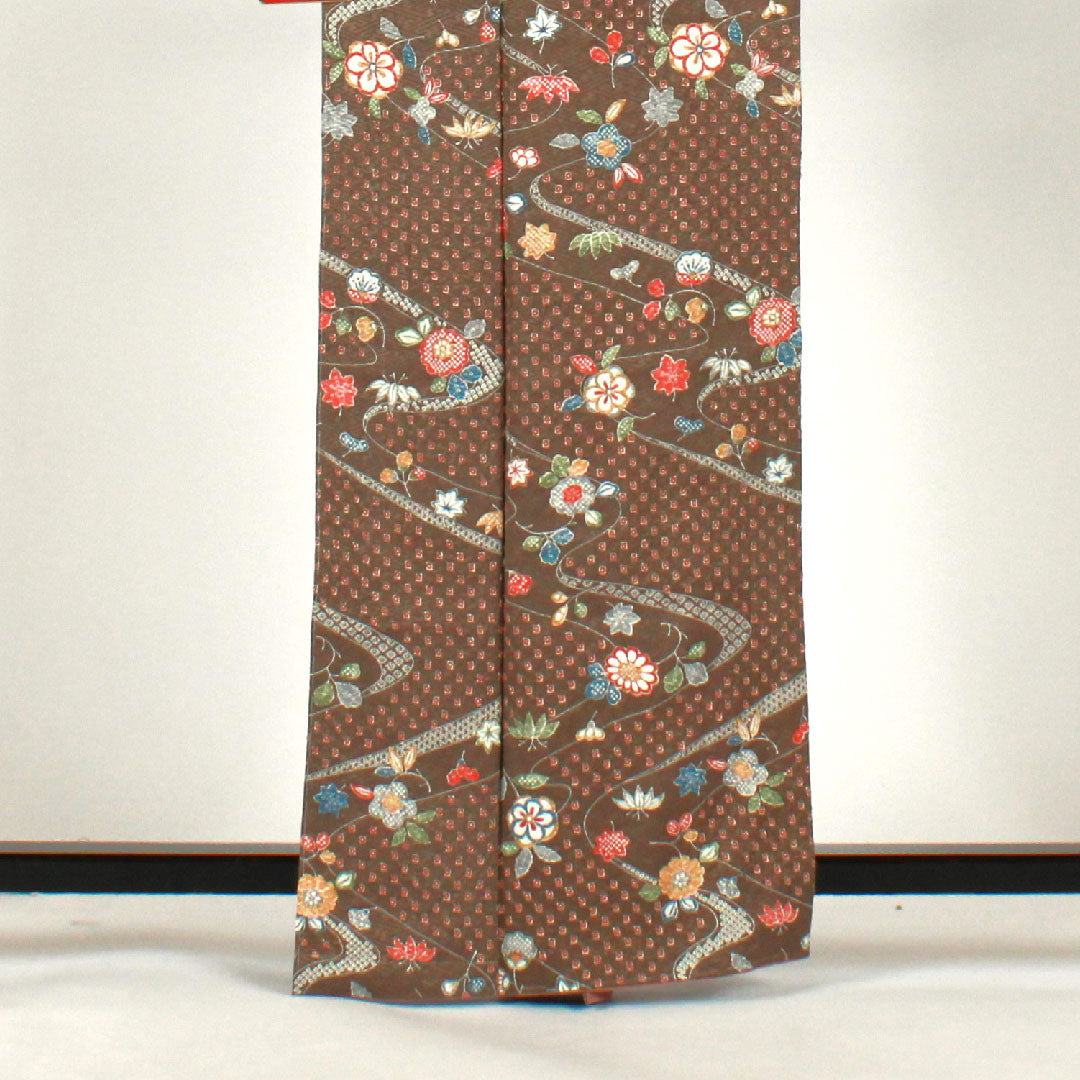 小紋 身丈164cm 裄丈65cm 袷 絞り 流水 花模様 正絹 Sランク 茶系 1115001382414