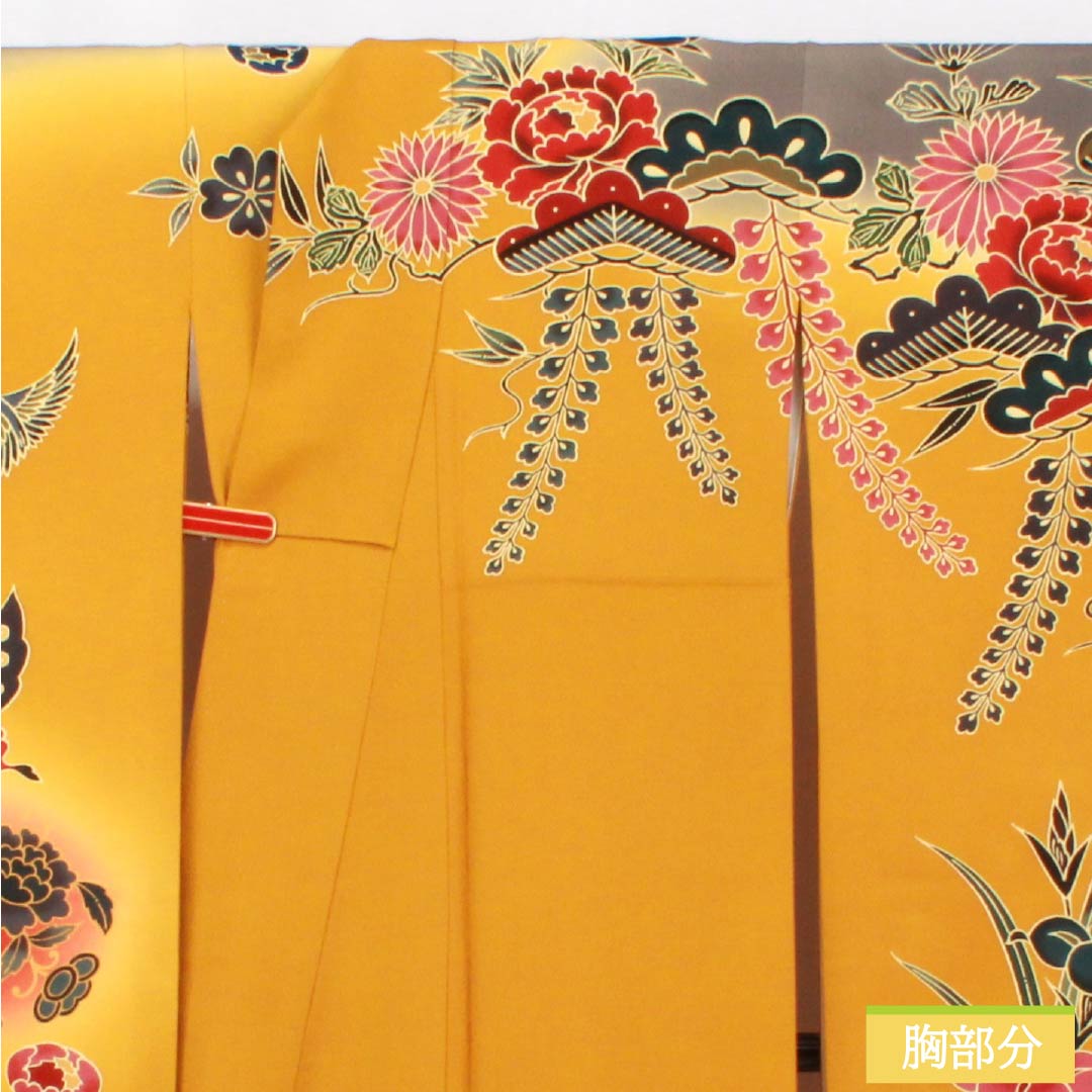 Furisode Pure Silk S Rank Length 164cm Sleeve-to-sleeve 67cm Lined Wheat-colored Kyoto Red Dye Auspicious Design Butterfly Pine Pearl Tone Processing Orange system 1113002332426