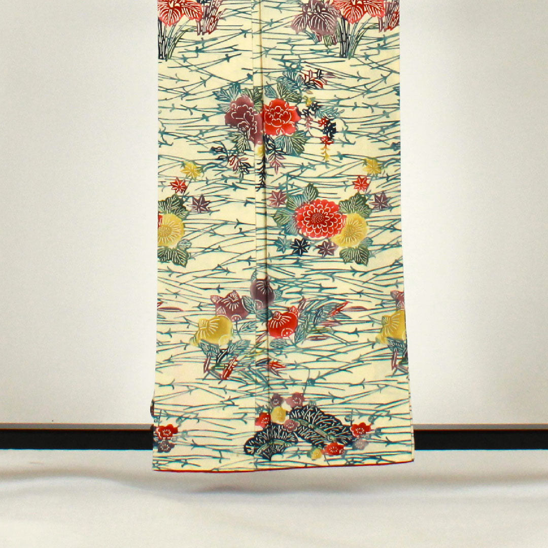 小紋 身丈160cm 裄丈65cm 袷 型染 松葉 花模様 正絹 Bランク クリーム系 1115001194315