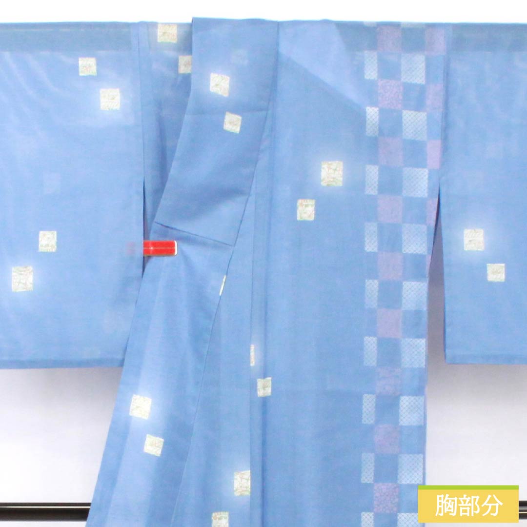 夏物 ポリエステル 小紋 身丈165cm 裄丈67.5cm 紺藤色(こんふじいろ) 市松模様 洗える着物 絽 Aランク 青系 1132002183517
