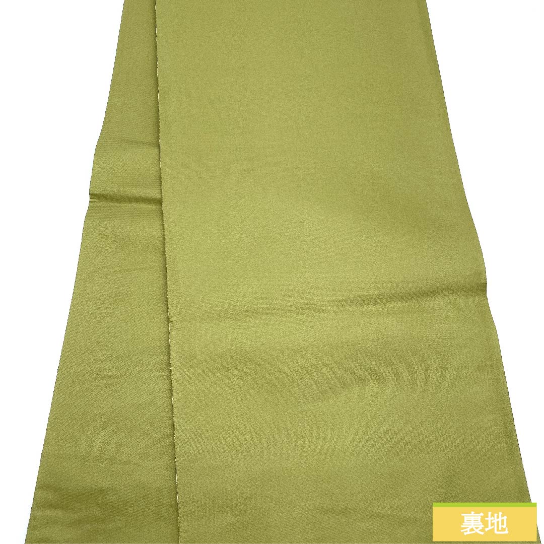 Fukuro Obi, pure silk, national defense color, by Ori Kobo Kanae, ikat floral pattern, geometric pattern, obi length 441cm, S rank, full length, semi-formal, green, 1123010832319