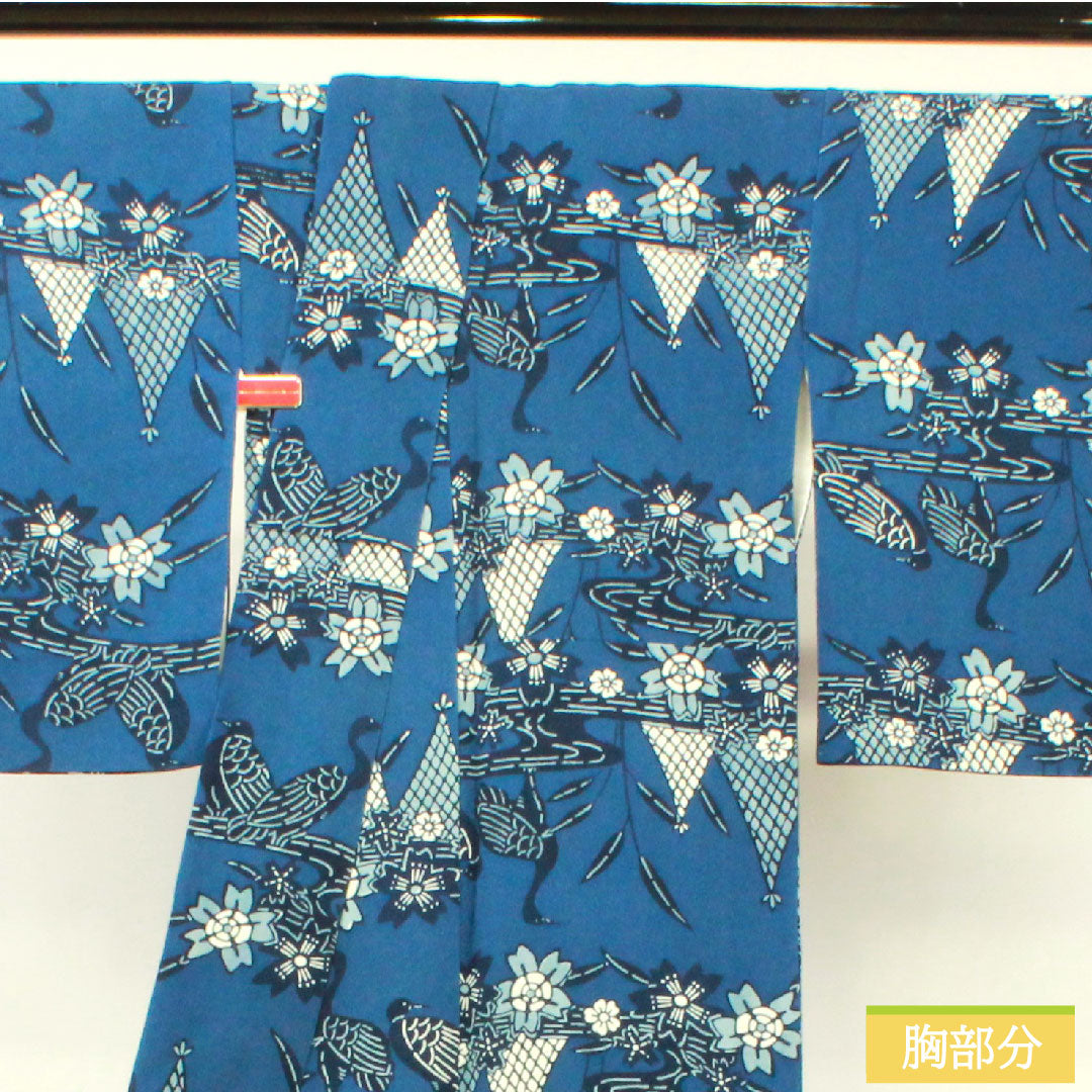 Komon, pure silk, length 158.5cm, sleeve length 65cm, lined, navy blue bellflower color, Kyoto Bingata, swan, cherry blossom, flowing water, S rank, navy blue, 1115004182318