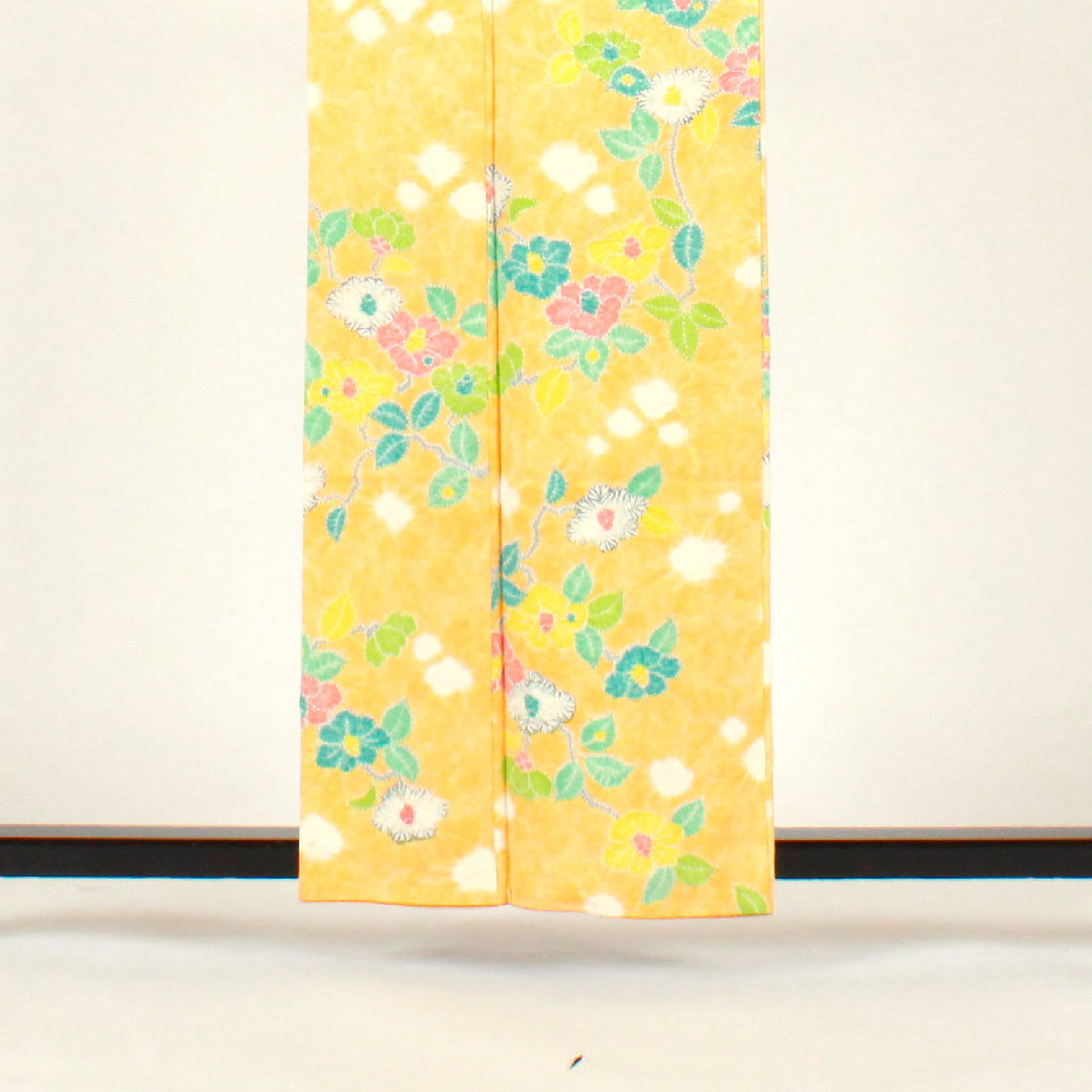 Komon, Length 159cm, Sleeve length 63cm, Awase, Shibori, Floral pattern, Pure silk, B rank, Yellow, 1115001924323