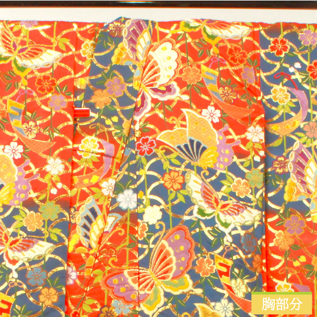Colored uchikake, pure silk, length 192cm, sleeve length 66cm, scarlet, Karaori, butterfly, floral pattern, S rank, lined, vermilion, 1110000872916