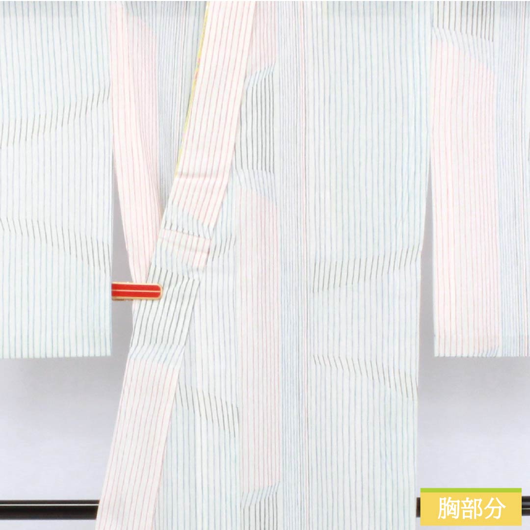 Summer polyester komon kimono, length 157.5cm, sleeve length 64.5cm, striped, washable, embroidered, gauze, S rank, white, 1132002552311