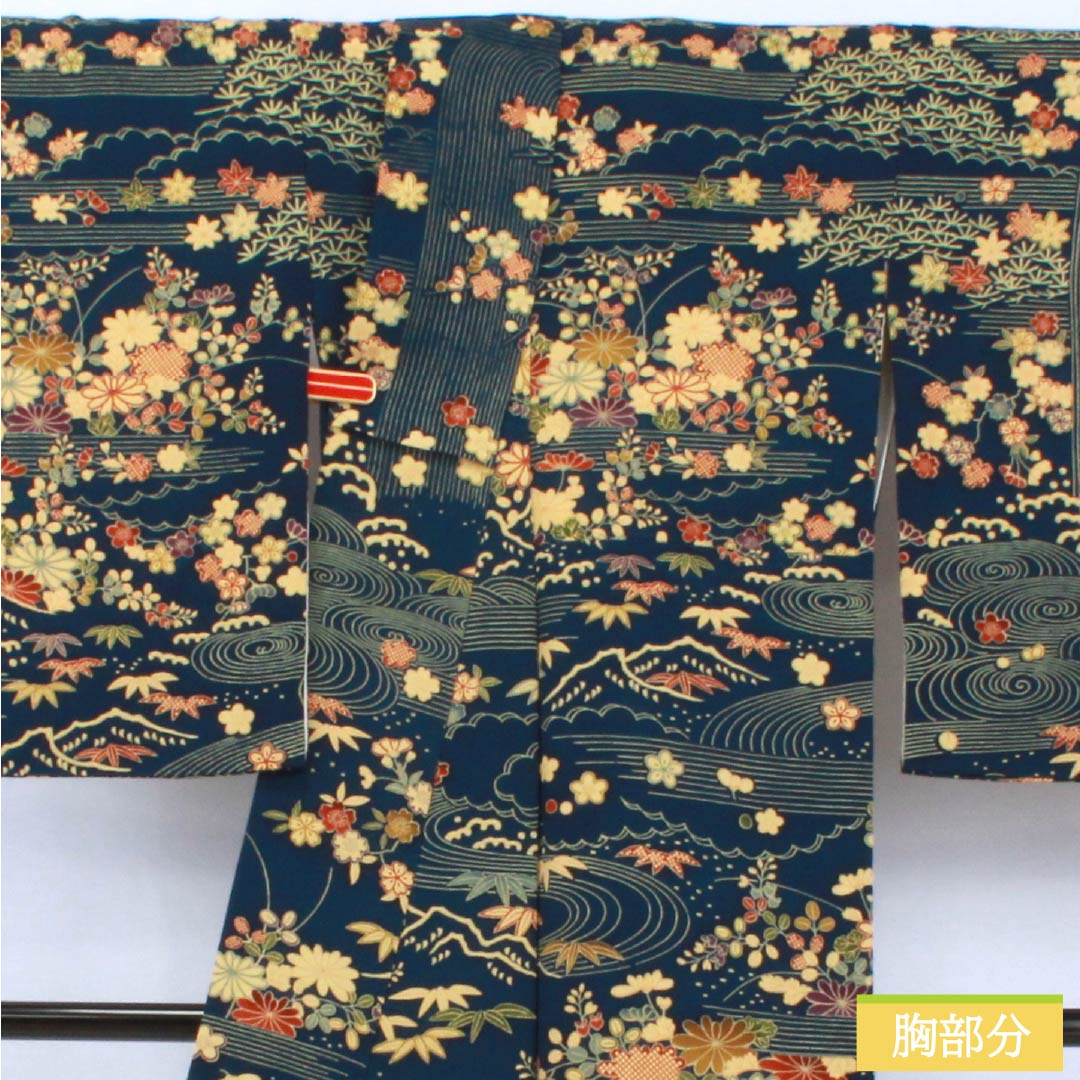Visiting Kimono, Pure Silk, Grade A, Lined, Length 160cm, Sleeve Length 64.5cm, Navy Blue, Stencil Dyed, Flowing Water, Small Flowers, Navy Blue, Item Number: 1112006913418