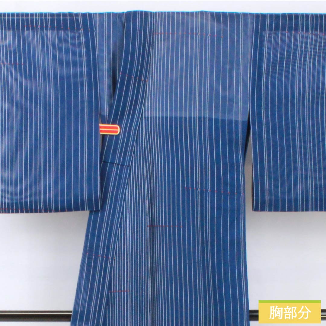 夏物 ポリエステル 小紋 身丈158cm 裄丈63.5cm 紺瑠璃色(こんるりいろ) 縞 線調子 洗える着物 絽 Aランク 青系 1132001963317