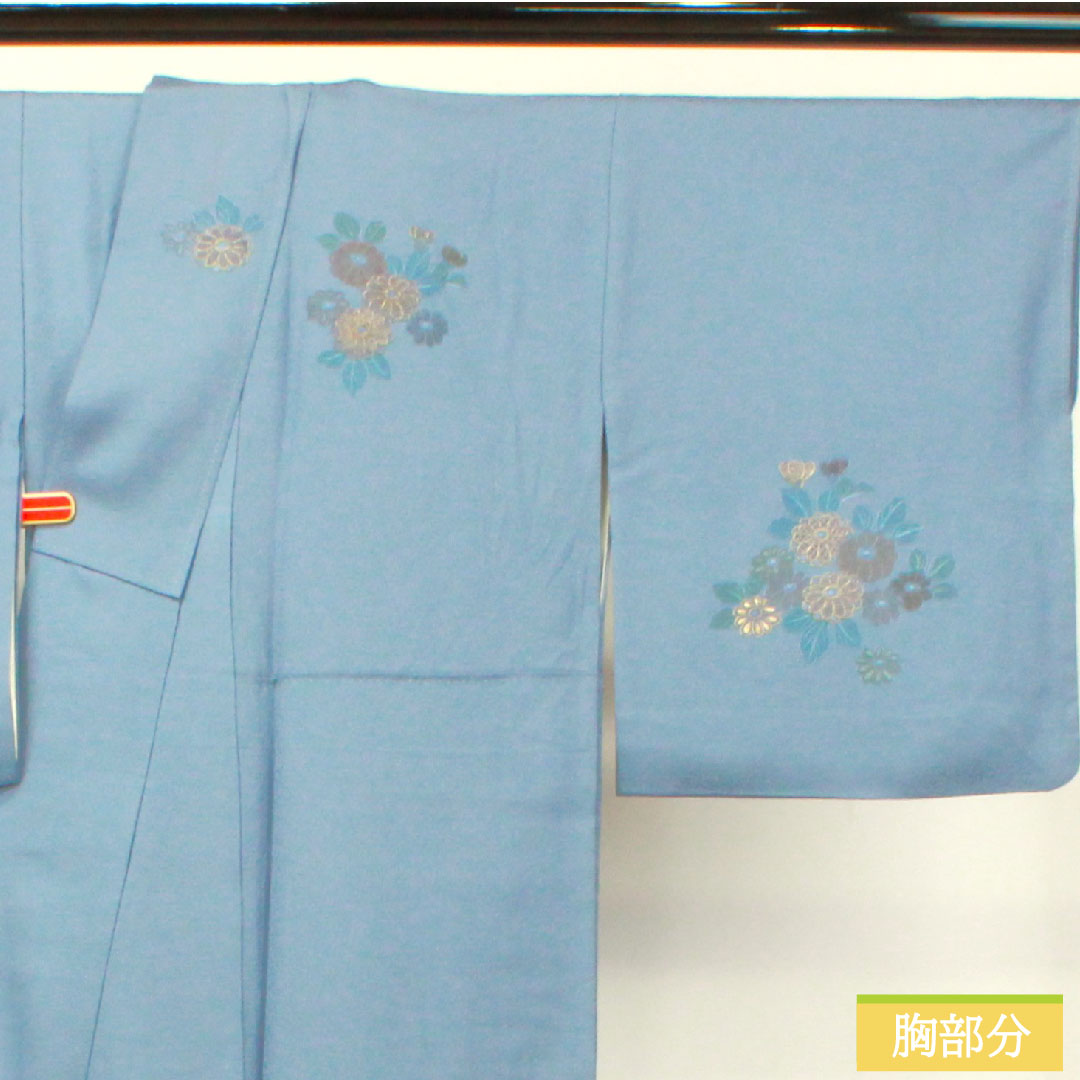 訪問着 正絹 袷 身丈158cm 裄丈63cm 薄花色(うすはないろ) 刺繍 草花模様 Aランク 青系 1112004693317