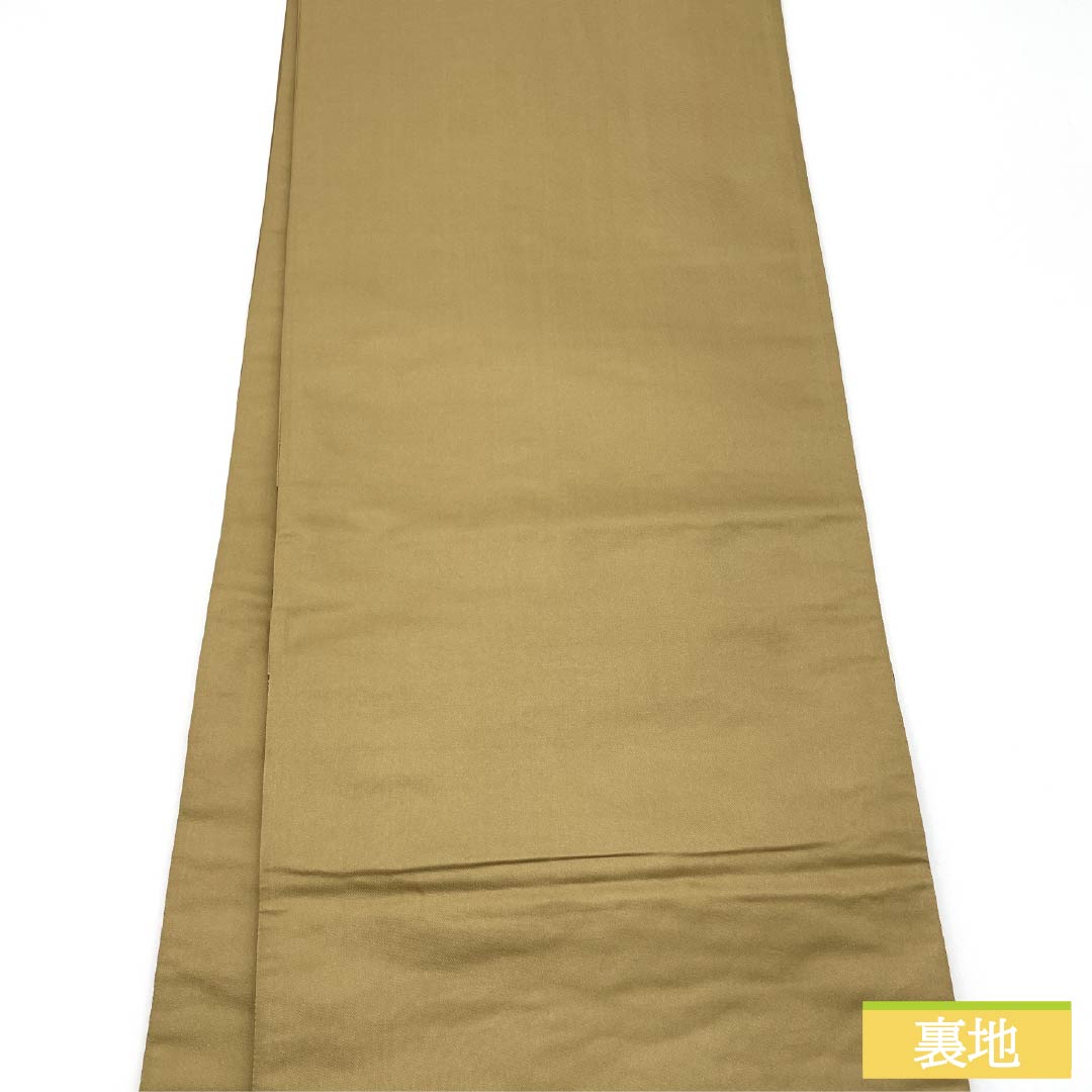 Formal beige obi, pure silk, golden yellow, by Hakuryoen Oba, featuring peony and bellflower designs, suitable for formal kimono (tomesode). Length: 434cm, S rank, six-fold hem. Product code: 1123014192325.