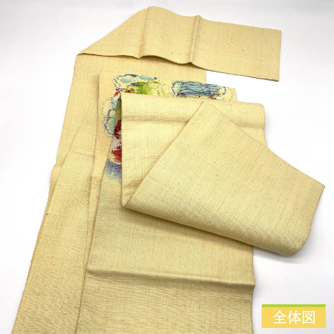 名古屋帯 魚子黄色(ぎょしこういろ) 紬地 花模様 帯丈359cm 正絹 Sランク ポイント柄 カジュアル 黄系 1124008182323 松葉仕立て