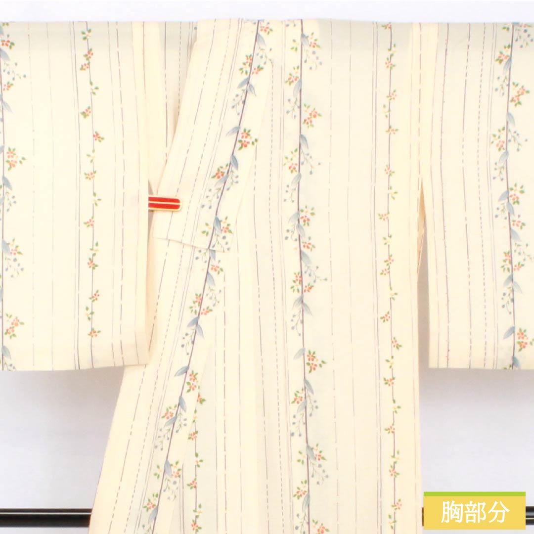 夏物 正絹 小紋 身丈153cm 裄丈62cm 生成り色(きなりいろ) 京友禅 縞 小花 絽 Aランク クリーム系 1132002053215