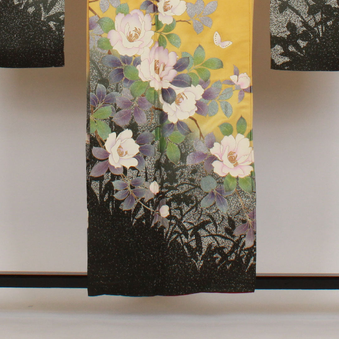 振袖 身丈159cm 裄丈67cm 袷 蝶 花柄 正絹 Aランク 黄系 1113000383323
