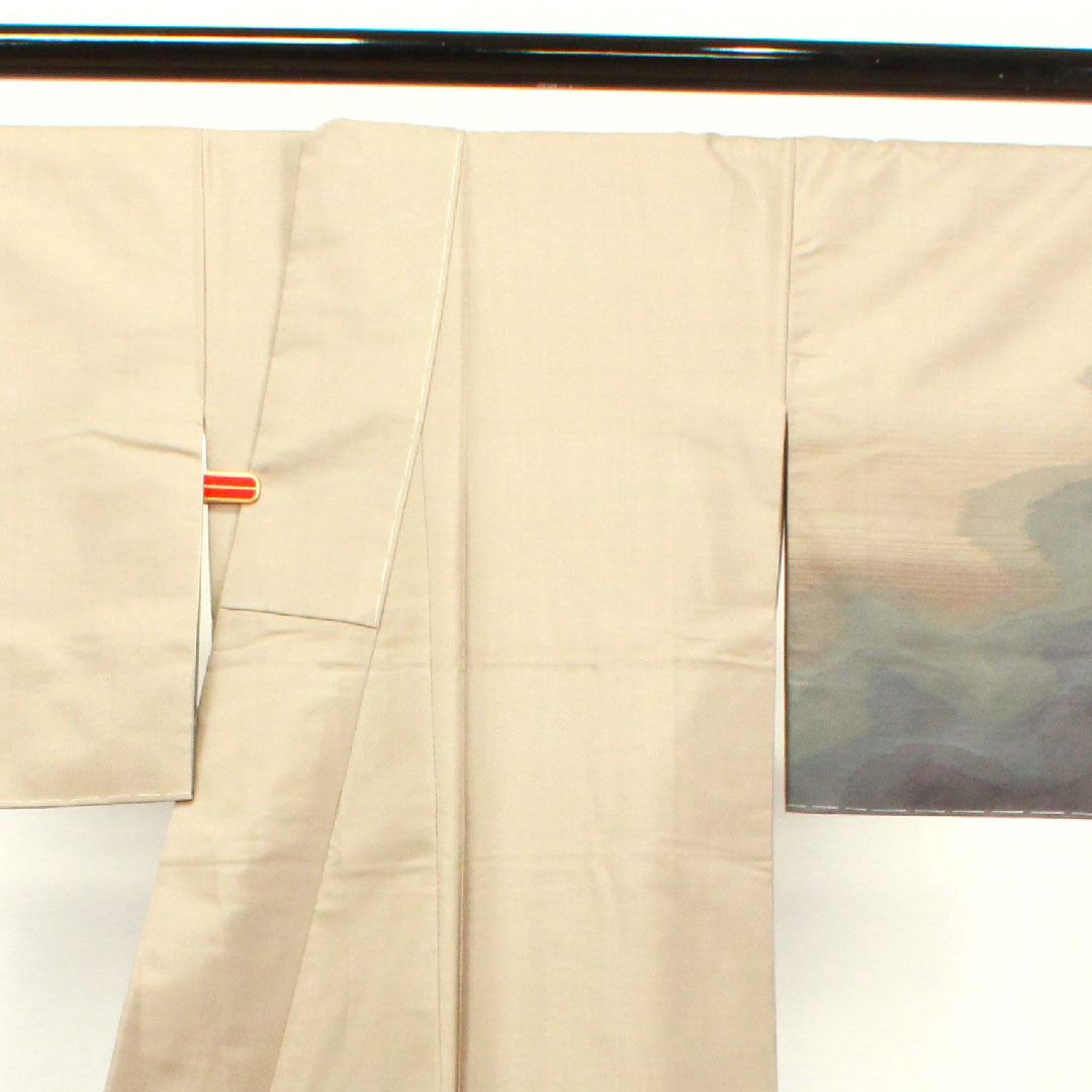 訪問着 正絹 袷 身丈152.5cm 裄丈63cm 銀煤竹色 すくい織 紬地 流水 柿渋染 しつけ糸付き 未使用品 Sランク ベージュ系 1112002822225