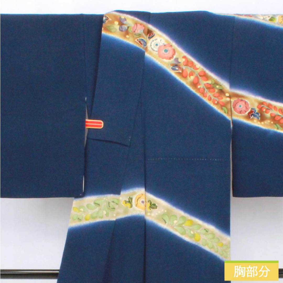 Visiting Kimono, Pure Silk, S Rank, Lined, Length 155cm, Sleeve Length 63cm, Navy Blue, Chirimen Fabric, Tsujigahana Pattern, Navy Blue, Product Number: 1112006292318