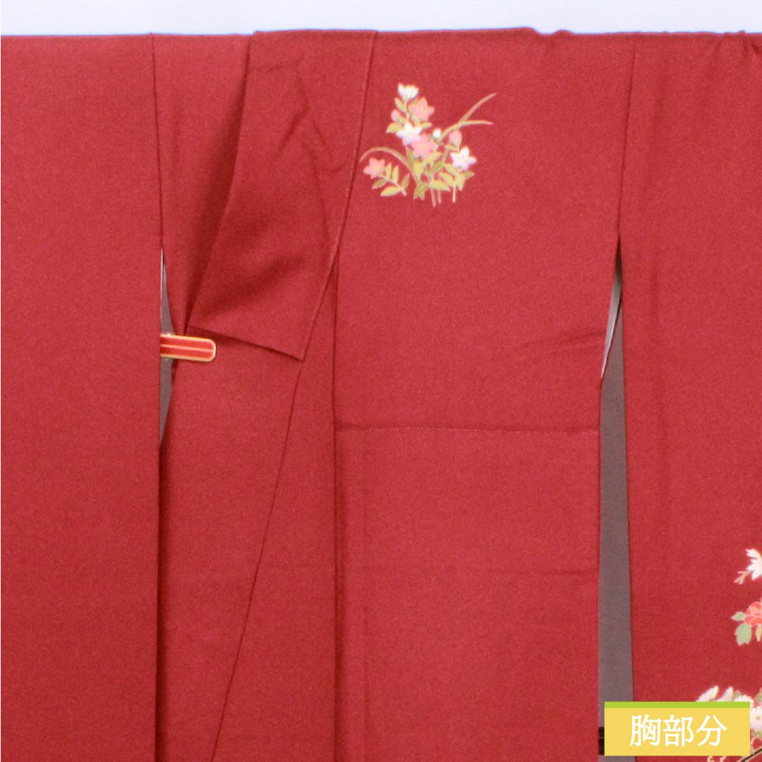 Furisode Pure Silk S Rank Length 163cm Sleeve length 67.5cm Lined Deep Red Kyo-Yuzen Flower Cart Red 1113002892412
