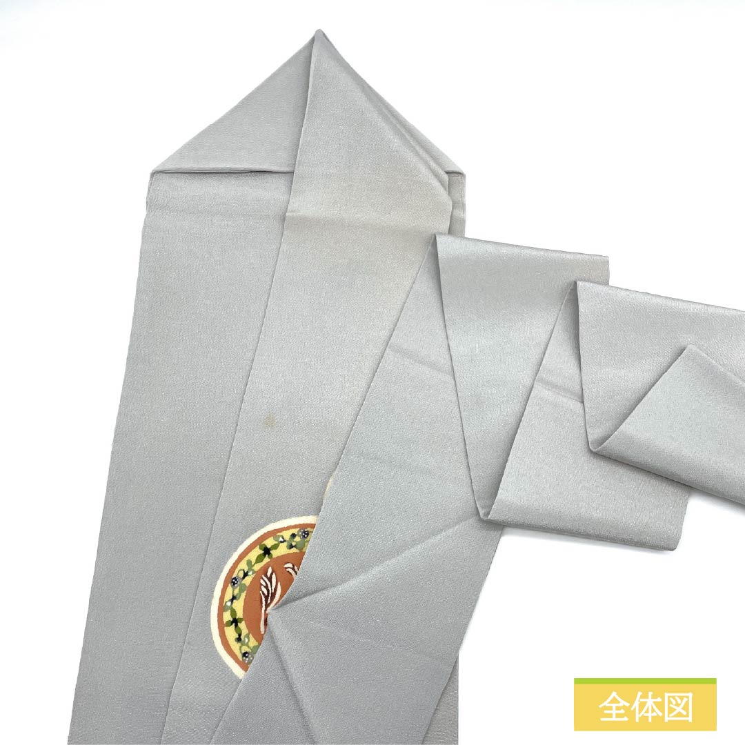 名古屋帯 薄鼠色(うすねずいろ) ちりめん地 丸に花模様 染め帯 帯丈358cm 正絹 Aランク ポイント柄 セミフォーマル グレー系 1124007163322 名古屋仕立て