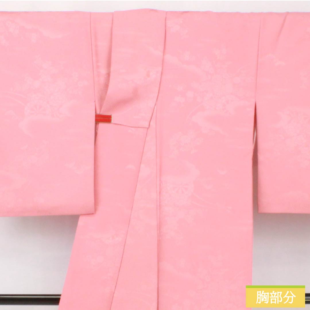 Solid-colored polyester kimono, length 157cm, sleeve length 64cm, single-layer plum-colored (hitoeumeiro) woven with silk brocade and featuring a flower cart, washable, lined, A-rank, pink, product number 1114002133313