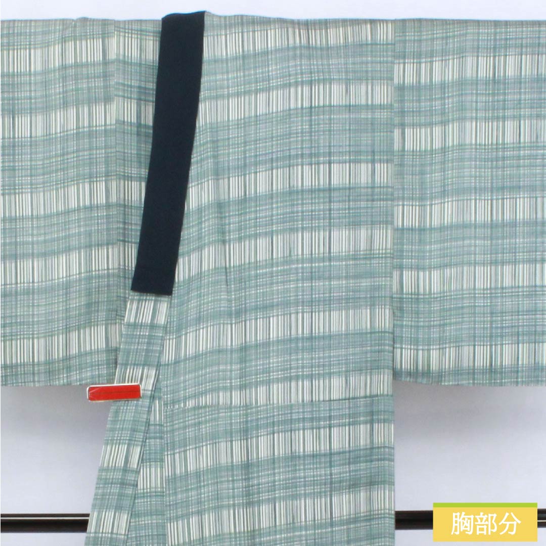 Men's Nagajuban (long under-kimono), pure silk, S-rank, length 151cm, sleeve length 69cm, indigo brown (aito-chairo) check pattern, single layer, light blue, 1140000632524
