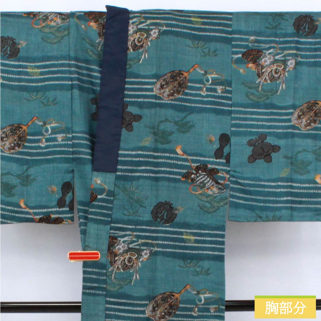 男物長襦袢 ウール Sランク 身丈138cm 裄丈65.5cm 藍砥茶色(あいとのちゃいろ) 兜 松 竹 単衣 青系 1140000742317