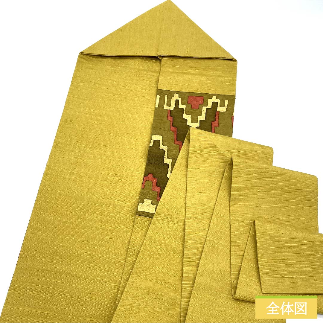 Nagoya obi, gold, abstract pattern, pongee fabric, obi length 358cm, pure silk, S rank, point pattern, casual, yellow, 1124005502323, Nagoya style