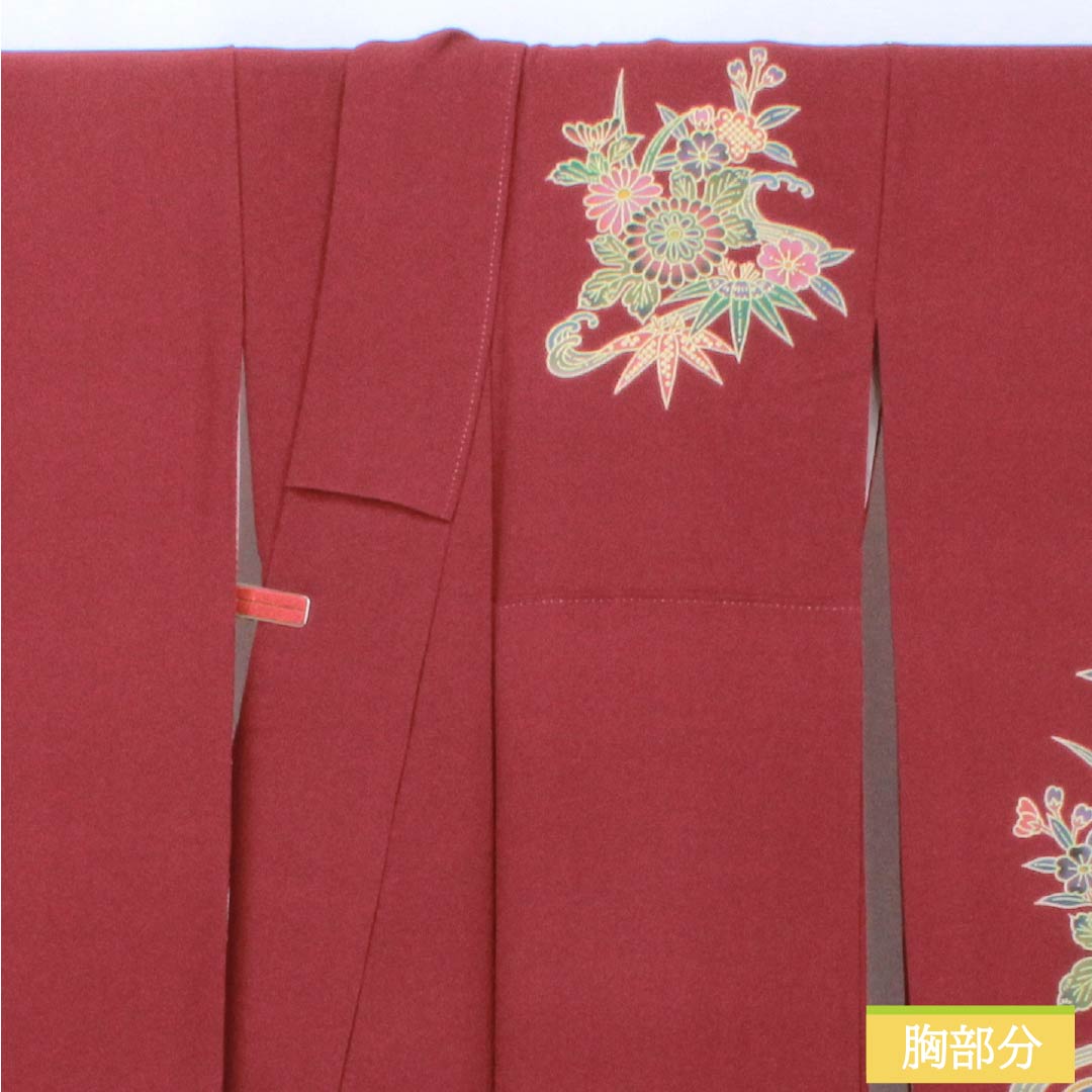 振袖 正絹 Sランク 身丈164cm 裄丈67cm 袷 臙脂色(えんじいろ) 京紅型 吉祥文様 ちりめん地 パールトーン加工 赤系 1113002492412