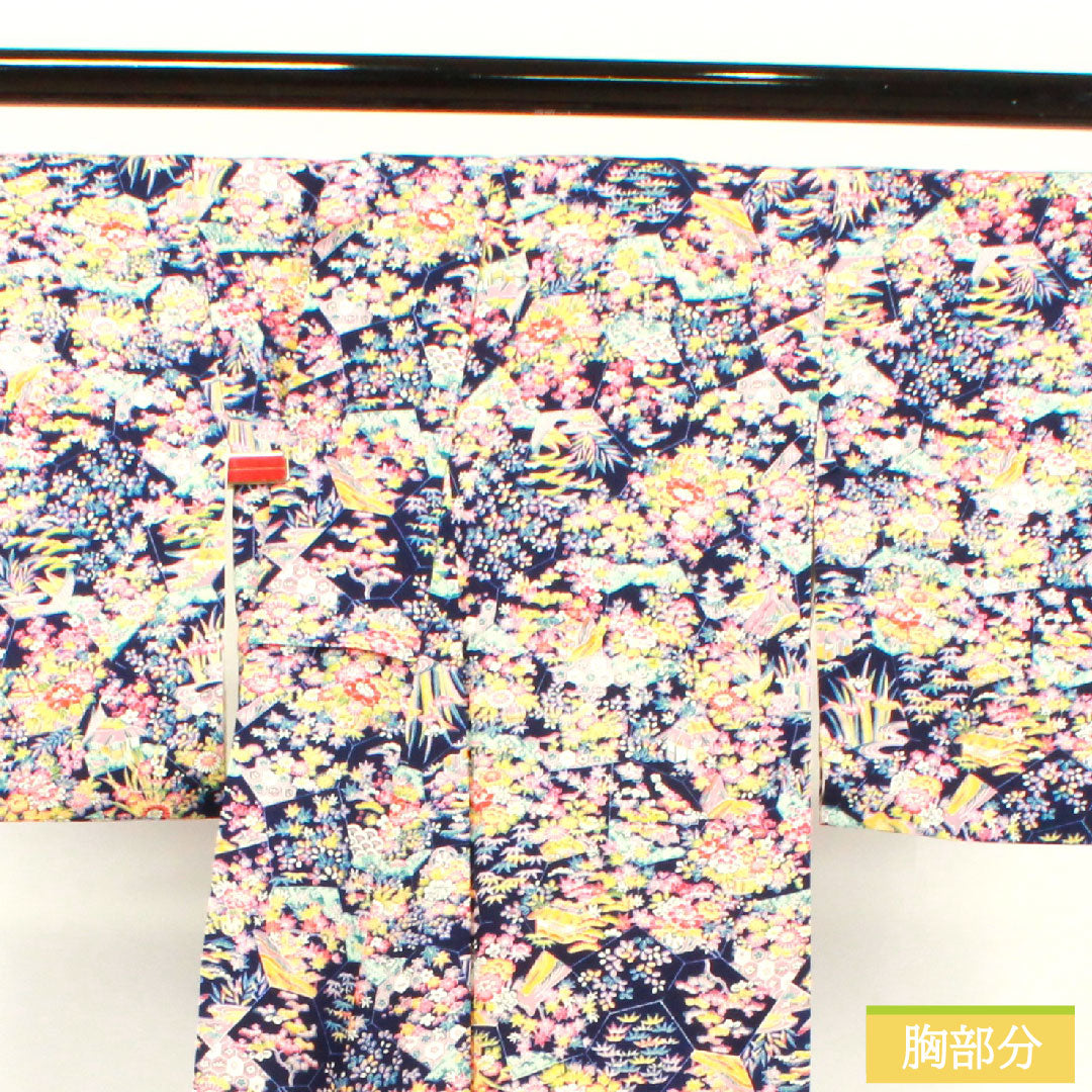 Small pattern, pure silk, length 157cm, sleeve length 64cm, lined, navy blue bellflower color, floral pattern, Chayatsuji, S rank, navy blue, 1115003632318