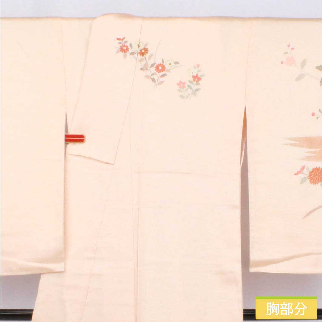 Visiting Kimono, Pure Silk, S Rank, Lined, Length 163.5cm, Sleeve Length 67cm, Light Color (Usunikuiro), Kyoto Yuzen, Plant Pattern, Orange, with Basting Thread, Product Number: 1112006672426