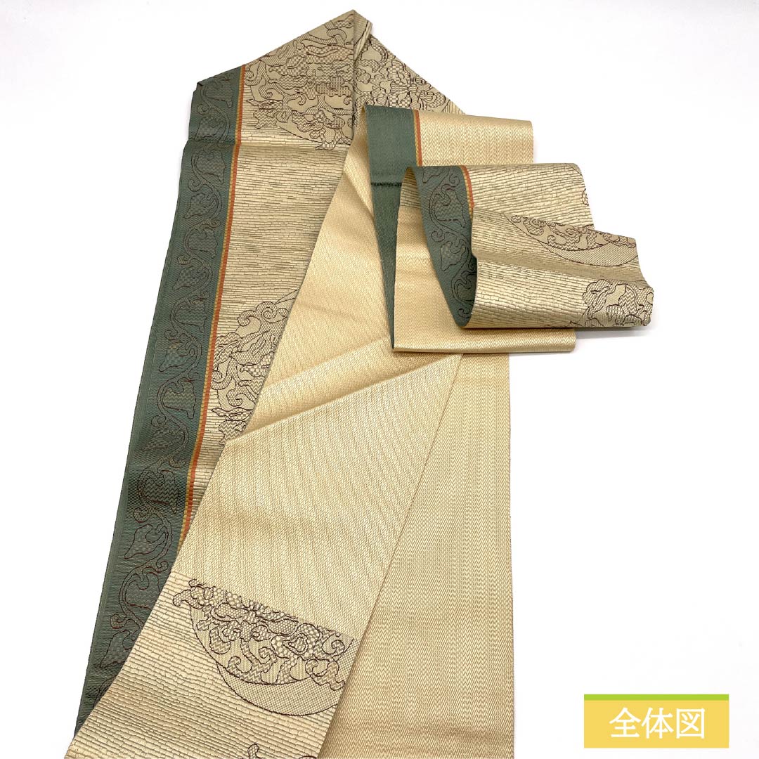 名古屋帯 東京白茶色(とうきょうしらちゃいろ) 抽象花模様 帯丈350cm 正絹 Sランク 六通 カジュアル ベージュ系 1124008012325 名古屋仕立て