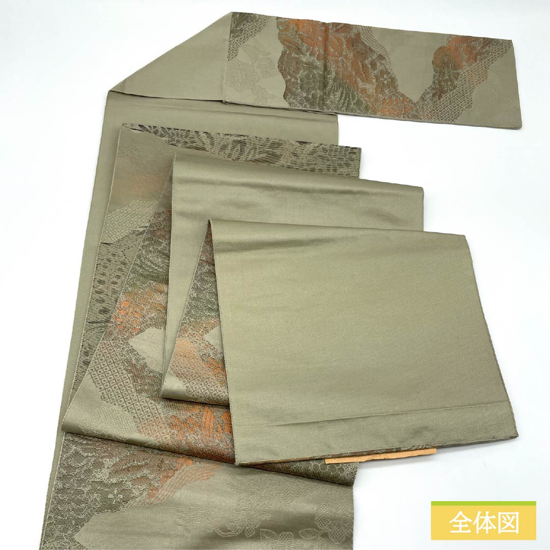 Nagoya obi, yellow-grey, Hakata weave, puffed weave, Cyprus treasure, obi length 356cm, pure silk, S rank, six-pass, casual, green, 1124008202319, Matsuba style