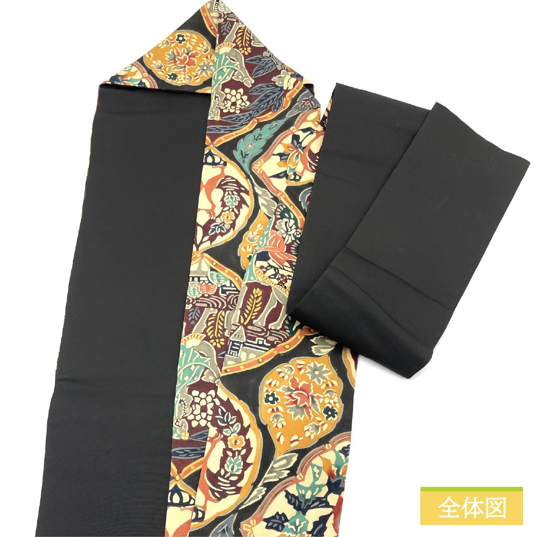 Nagoya obi, stencil-dyed, chintz pattern, obi length 360cm, pure silk, S rank, six-pass, casual, black, 1124006682310, Nagoya-made
