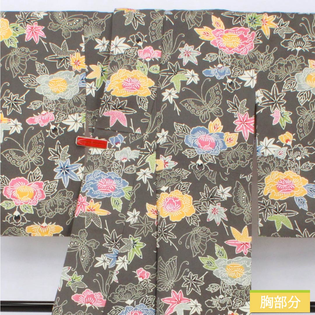小紋 正絹 Sランク 身丈154cm 裄丈64cm 袷 薄黒色(うすぐろいろ) 京紅型 半衿付き 蝶 花 グレー系 1115007742222