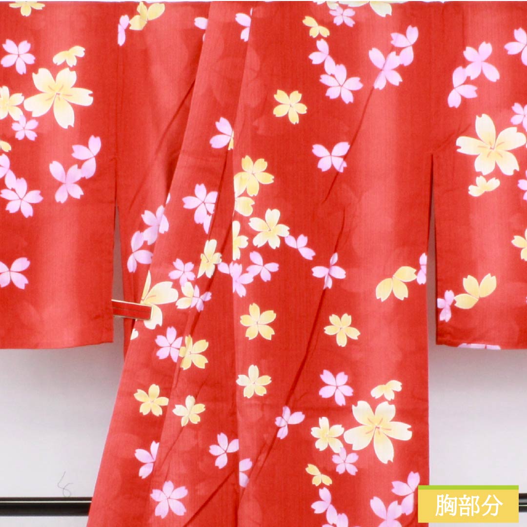 Cotton Yukata, Length 162cm, Sleeve Length 67.5cm, S Rank, Single Layer, Vermilion, Cinnabar, Cherry Blossom Design, 1118006512416