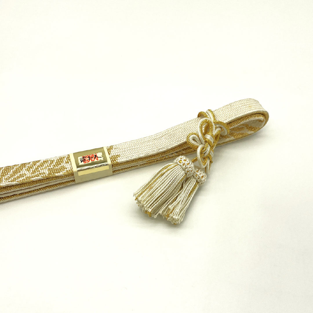 Used - Excellent Condition - Obiage and Obijime Set, Pure Silk, Rank B, Unohana-iro (off-white), For Tomesode, Pure Gold, Peacock Feather Pattern, Length approx. 152cm, Width approx. 1.8cm, Formal, White-toned, 1141000414311