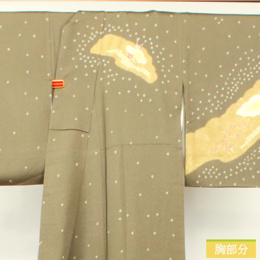Homongi, pure silk, lined, length 162.5cm, sleeve length 66.5cm, sand color, embroidery, partial tie-dyeing, super bell guard, S rank, gray, 1112003632422